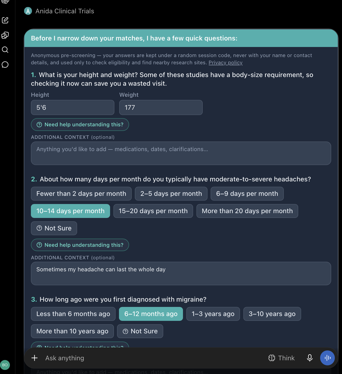 The same Anida question card inside the ChatGPT app, with ChatGPT's sidebar and message box visible.
