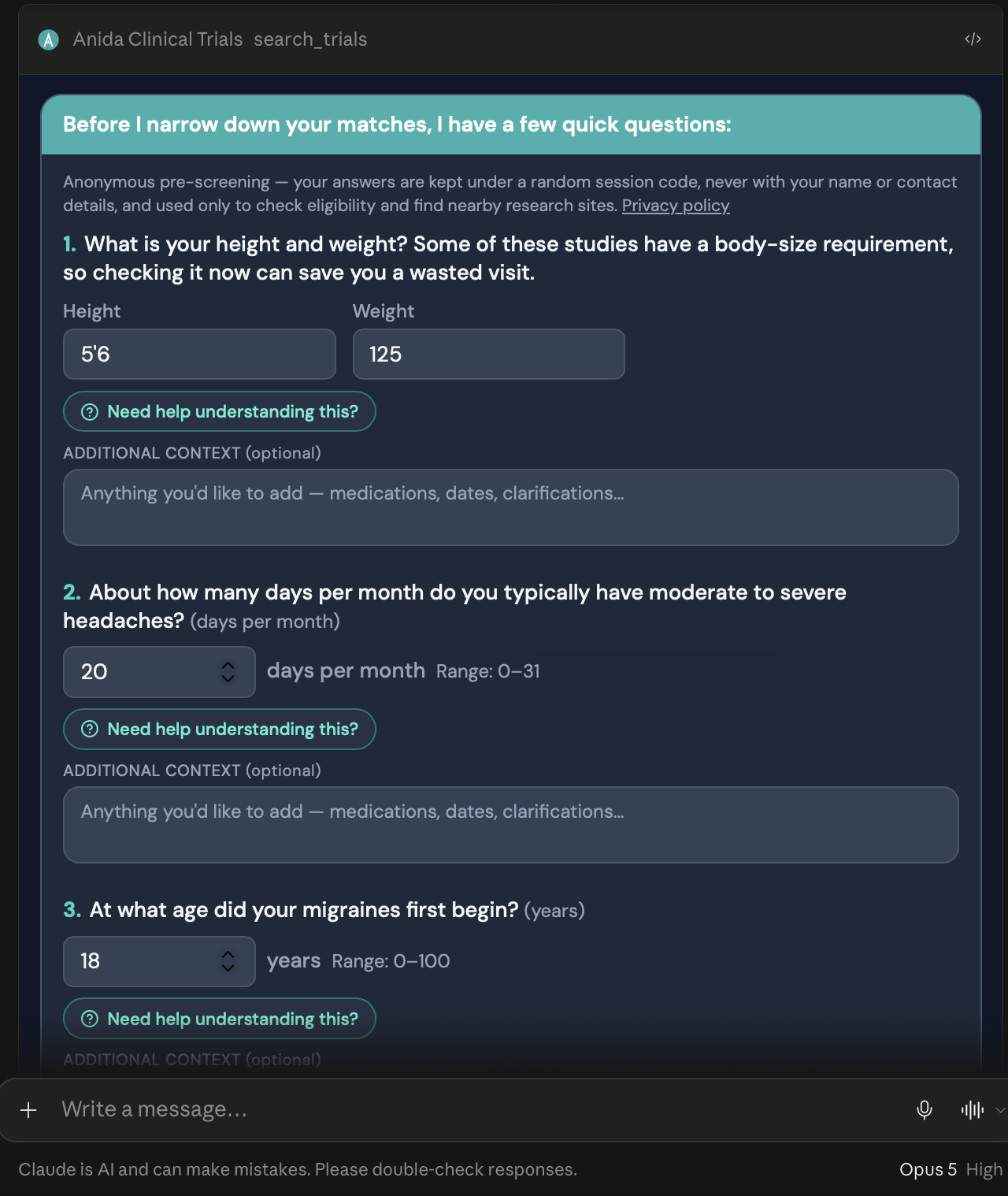 Anida pre-screening question card inside the Claude app, above Claude's message box: three questions about migraine, each with an answer field, a 'Need help understanding this?' button and an optional additional-context box.