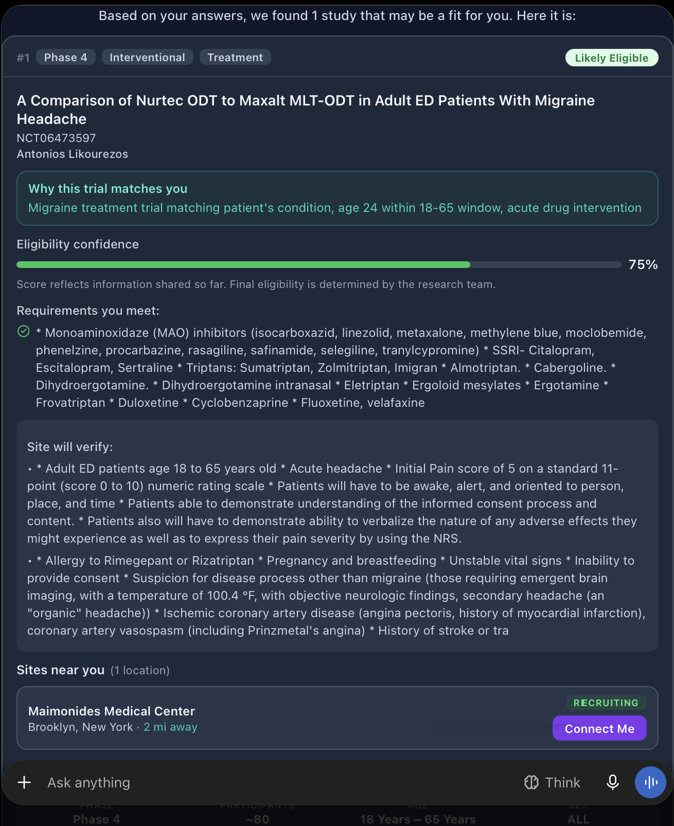 An Anida study result card inside ChatGPT: study title and NCT number, why this trial matches you, an eligibility confidence bar, requirements you meet, what the site will verify, and the nearest site with a Connect Me button.